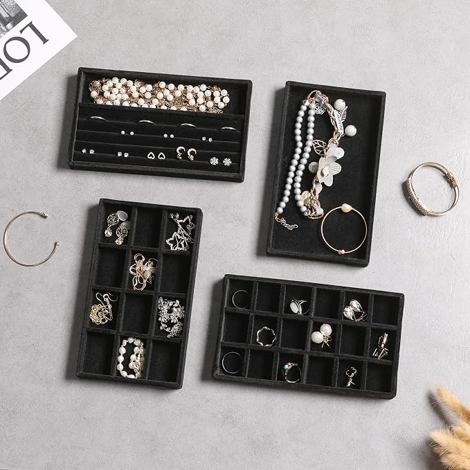 Frebeauty Jewelry Trays for Drawer,Set of 6 Jewelry Organizer and Storage | Velvet Material,Earring Holder Organizer,Stackable Jewelry Display for Vanity,Drawer Inserts for Rings,Studs,8.3×4.9 inch