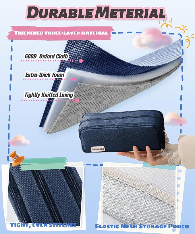 FAHZON Cute Pencil Case, 3 Large Compartments Pencil Pouch, Elastic Pen Slots&Mesh Pockets for Stationery, Pencil Bag for School Supplies with Zipper for Girls Boy Women Teens Adults-NavyBlue