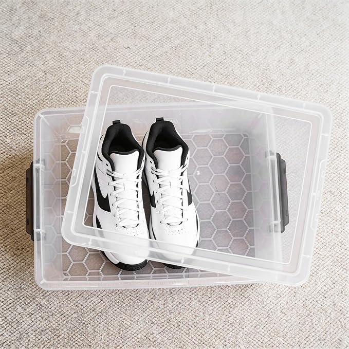 Citylife 33 Qt Ultra-Thick Plastic Clear Storage Bins with Lids, 4-Pack | Heavy-Duty Straight-Wall Plastic Bins with Honeycomb Base and Pinch-Free Latches for Closets, Garages, and Decor, BPA-Free