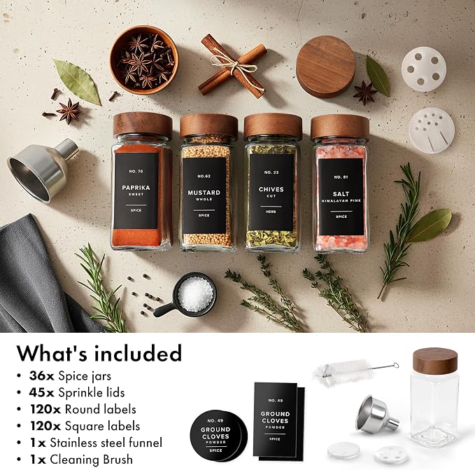 EDELHAUS Glass Spice Jars with Label, 36x Acacia Wooden Lids - Black Labels | Airtight Lids keep spices fresh, Kitchen Spice Drawer Organizer, 4oz Seasoning Containers incl. Funnel, Brush & 240 Labels