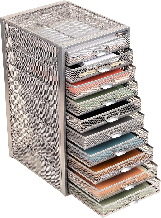 Mind Reader 10-Drawer Desk Organizer for Office Supplies, Crafts, Mail Sorting & More, Metal Mesh, Silver