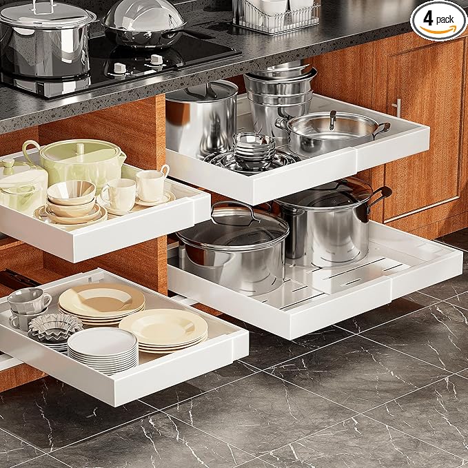4 Pack Pull Out Cabinet Organizer for Pots and Pans, Upgraded 3-Slide Rail System with Adhesive Pads, Expandable Width (15.2"-26.2") Fits 21" Deep Framed/Frameless Cabinets, White Slide-Out Shelves