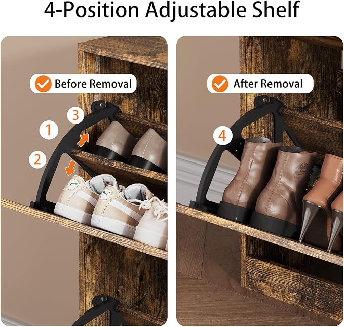 Shoe Storage Cabinet, Wood Shoe Organizer for Entryway with 3 Flip Drawers, Freestanding Shoe Rack with Adjustable Shelf, Narrow Shoe Dresser for Front Door Entrance (Brown, 4 Drawers)