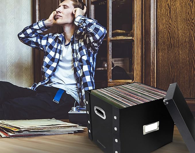 Snap-N-Store Vinyl Record Storage Box - Pack of 1-13.2 x 12.625 x 12.5 Inch LP Holder with Lid for 12-inch Records - Crate Holds up to 75 Vinyl Albums - Classic Blue