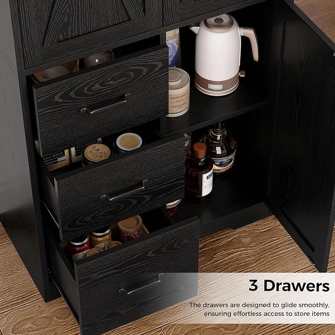 IRONCK Pantry Cabinet, 67.5 inch Tall Storage Cabinet with 3 Doors & Drawers, Farmhouse Kitchen Cabinet with Adjustable Shelves, 5 Tier Freestanding Cupboard for Kitchen, Black