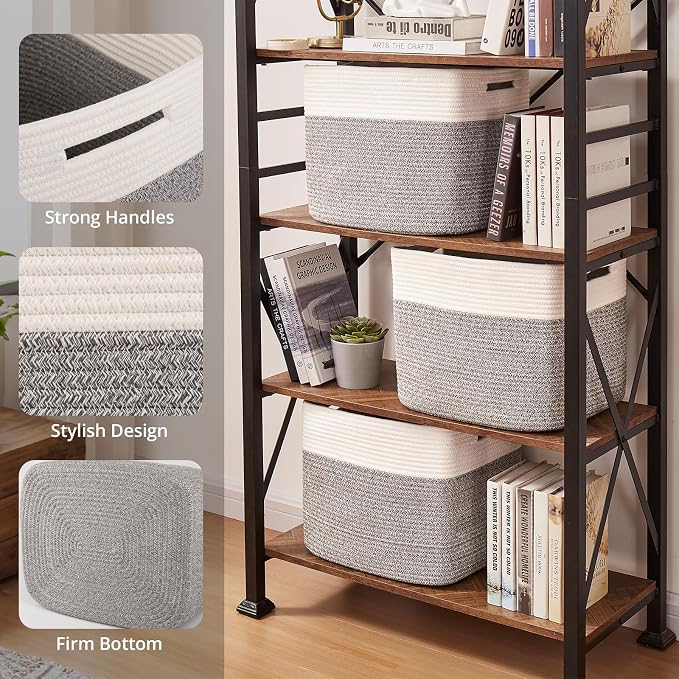 OIAHOMY Cotton Rope Woven Baskets for Organizing 3-Pack 13x15x12.6IN Closet Storage Bins for Clothes Rectangular Storage Baskets for Kids Toy Bins, Living Room Baby Nursery - White & Grey
