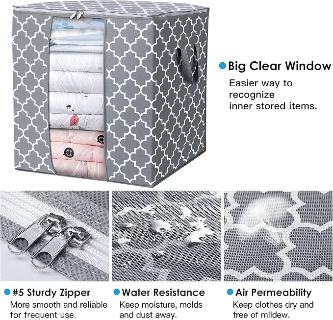 WISELIFE Storage Bags 6 Pack/100L Large Blanket Clothes Organization and Storage Containers for Comforters,Bedding, Foldable Organizer with Reinforced Handle, Clear Window, Sturdy Zippers,Light Gray