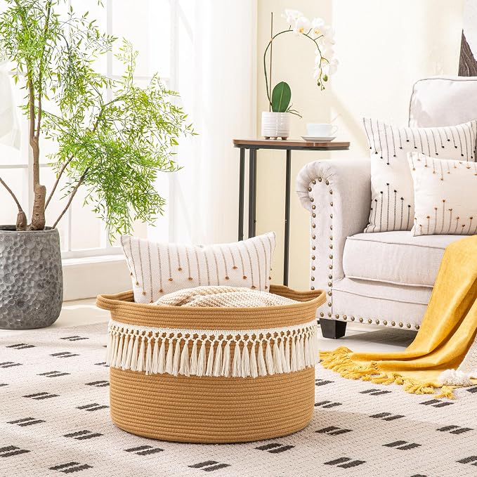 KAKAMAY Large Blanket Basket (20"x13"),Woven Baskets for storage Baby Laundry Hamper, Cotton Rope Blanket Basket for Living Room, Laundry, Nursery, Pillows, Baby Toy chest (Brown Fringe)