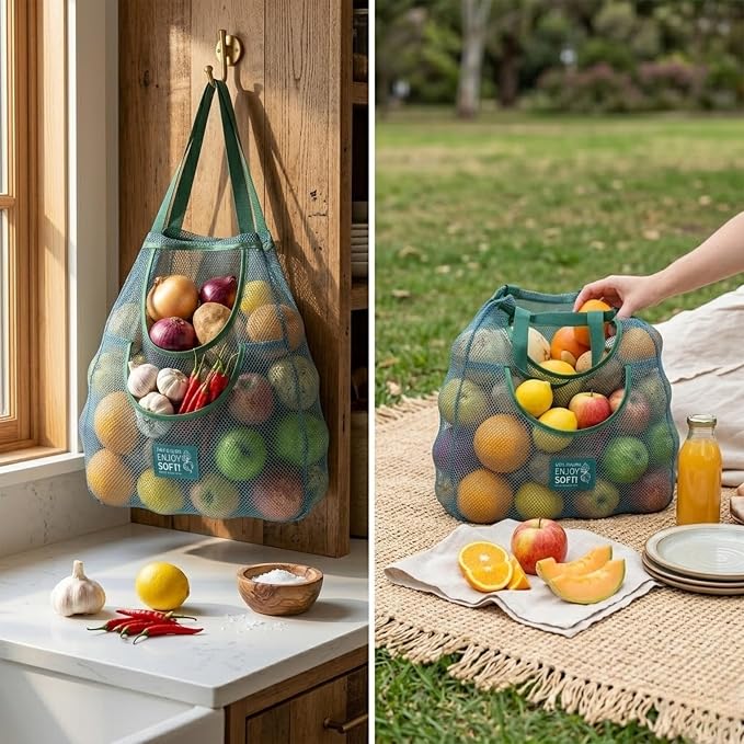 Durable Hanging Mesh Bags for Fruit & Vegetables. Reusable, Breathable Storage for Garlic, Potatoes & Pantry. Eco-Friendly Kitchen Organizer & Decor (1 extra large blue bag)