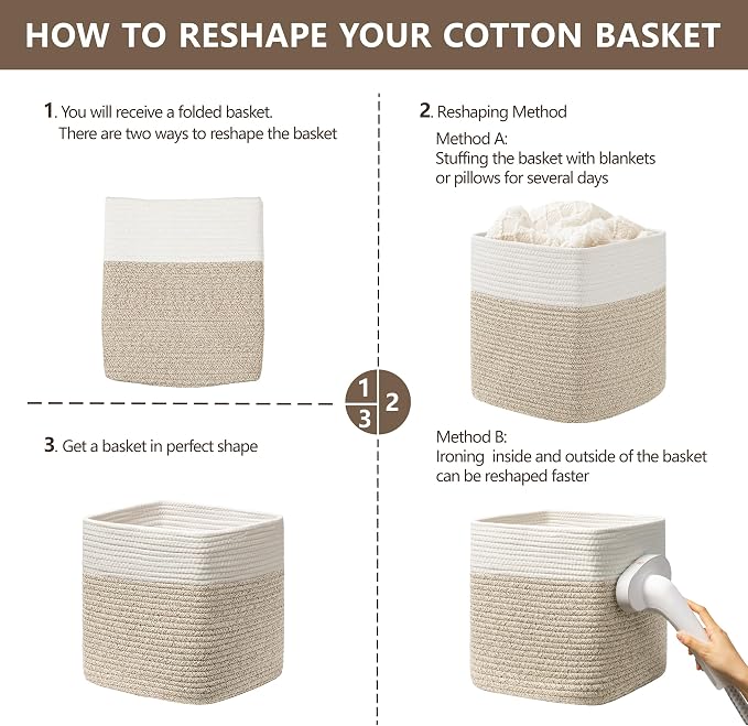 joybest 13inch Cube Storage Bins, Cotton Rope Woven Organizer Basket | Set of 4 Cube Bin Square Shelves Organizer Closet Storage, Nursery, Toy Organization, Brown&White