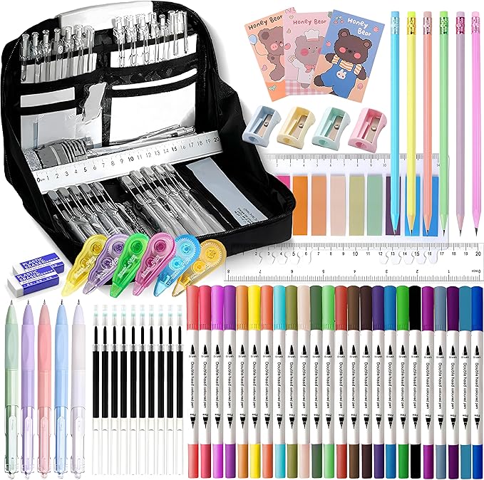 Ristpal 56 PCS Aesthetic School Supplies with Large Pencil Case, 24 Double Brush Marker Pens, 5 Black Ink Gel Pens, 6 Macaron Pencils, 4 Sharpeners, Sticky Notes, Ruler, Erasers, Stationery Gift