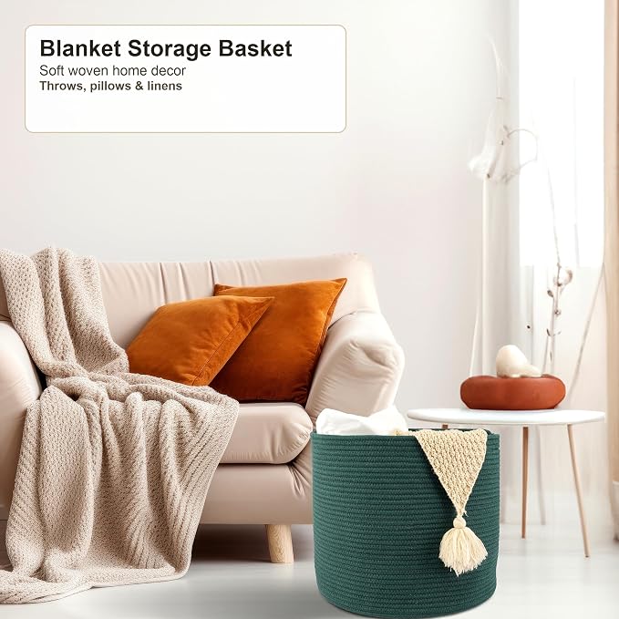 XUANGUO Cotton Rope Woven Basket, 16x14 in Kids Laundry Basket, dark green | Round blanket basket and small laundry basket; baby hamper or nursery storage bin for girls, boys, toys, clothes and shoes