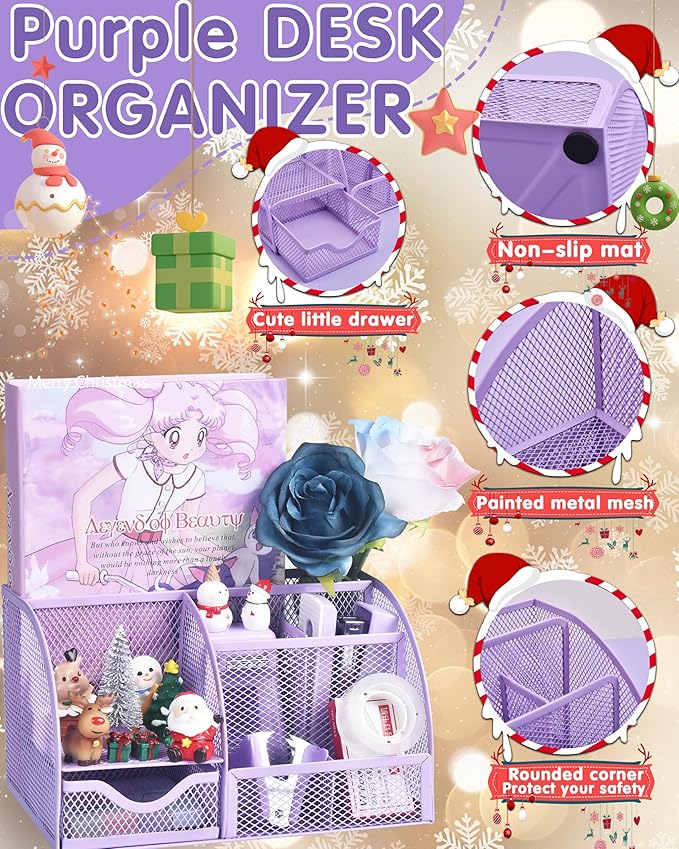 Purple Desk Accessories, 26Pcs Office Supplies and Desk Organizers, with Tape Dispenser, Stapler, Staple Remover Ect, Gift Box Packaging