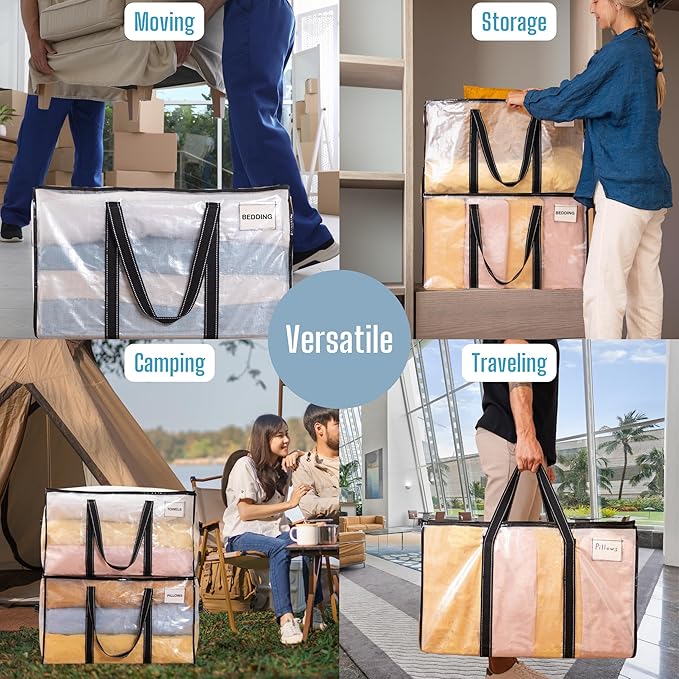VENO 10 Pack Clear Moving Bags, 90L Extra Large Transparent Storage Totes, Heavy Duty 50lbs Load, Reinforced Handles, Zippers & Tag, See-Through Packing Boxes for Organizing Closet, Bedding, Clothes