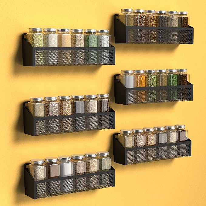 Moforoco 6 Spice Rack Over Door Pantry Organizer for Cabinet Door Wall Mount, Hanging Black Spice Pantry Organization Storage Shelf, Farmhouse Kitchen Seasoning Organizer Cabinet Door