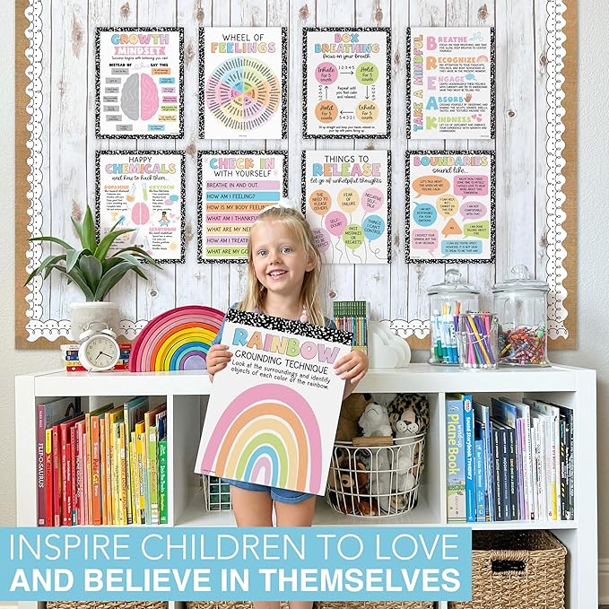 Hadley Designs 9 Mental Health Posters for Classroom - School Counselor Office Must Haves, Mental Health Therapy Office Decor, Growth Mindset Posters, Wheel of Feelings Chart, Pastel Classroom Decor