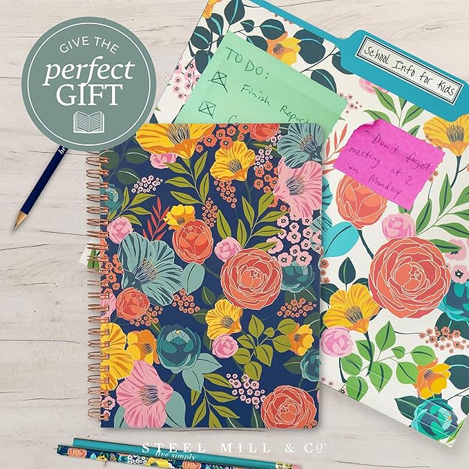 Steel Mill & Co Cute Floral Mini Spiral Notebook, 8.25" x 6.25" Journal with Durable Hardcover and 160 Lined Pages, Garden Blooms (Navy)