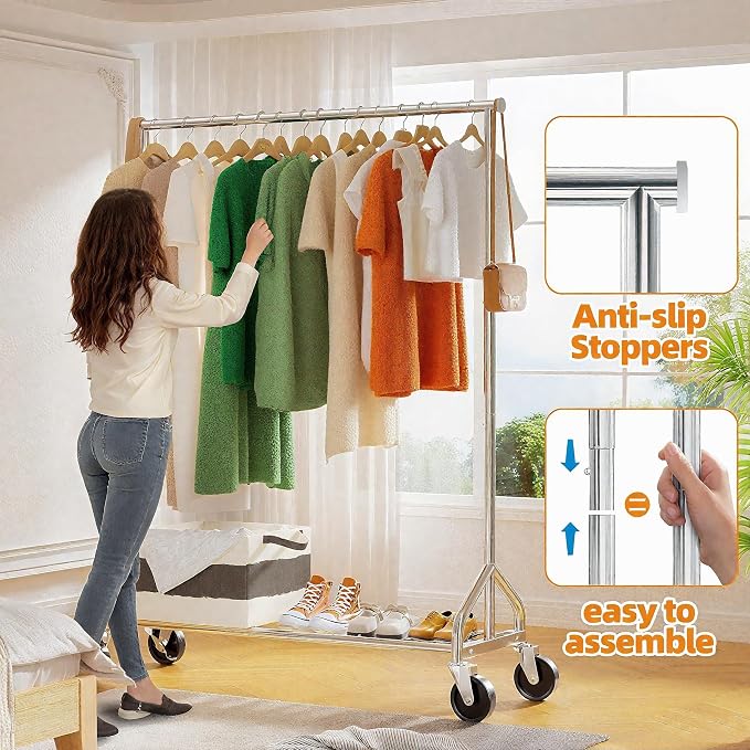 Ekisemio Heavy Duty Rolling Clothes Rack with Wheels and Shelves, 450 lbs Capacity, Portable Garment Rack for Hanging Clothes, Standing Wardrobe for Closet, Bedroom, Commercial Use, Chrome