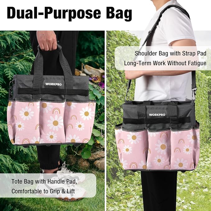 WORKPRO Garden Tool Bag, 10 Pockets and Shoulder Strap, Floral Pink | Heavy Duty Gardening Organizer Tote Bag Standable Garden Home Tool Kits Organizer - Pink Ribbon