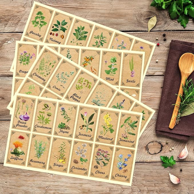 48PCS Herb and Spice Labels for Jars Bottles, Vintage Jars Stickers for Spice Cabinet Organization, Apothecary Labels Herblist Supplies(1.4"x2.4")