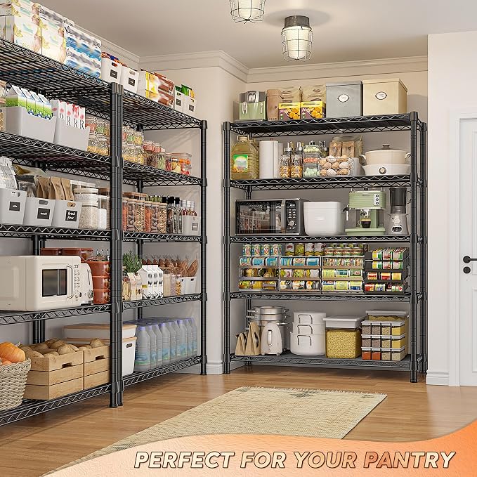 REIBII 1984LBS Heavy Duty Wire Shelving Unit with Wheels, 75.2" H Storage Shelves, 5 Tier Adjustable Metal Shelving for Pantry Kitchen Garage,No-Tools Installation, 75.2" H x 35.5" W x 16" D, Black