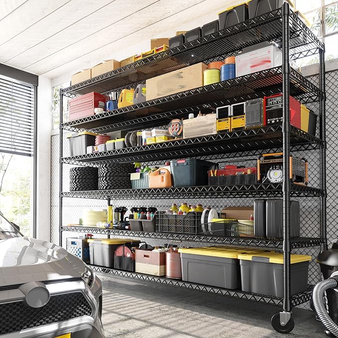 REIBII 6-Tier Wire Shelving Units with Wheels — 60" W Extra-Wide Heavy Duty Metal Shelving, 3,598 lbs Capacity, Adjustable Storage Racks for Garage, Pantry, Basement & Commercial Use, 2 Pack