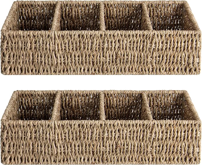 StorageWorks Small Wicker Basket for Organizing with 4-Section, Natural Seagrass Storage Baskets with Dividers for Pantry Shelves, 2-Pack