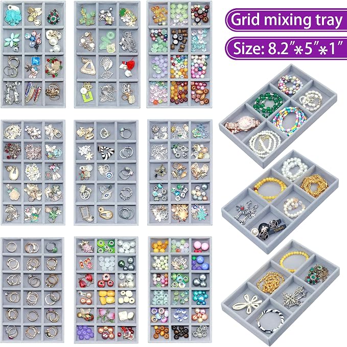 12 Pack Velvet Jewelry Drawer Organizer Trays Stackable Jewelry Storage Inserts Set Jewelry Tray for Earring Necklace Rings Bracelet with Removable Dividers for Dresser & Vanity