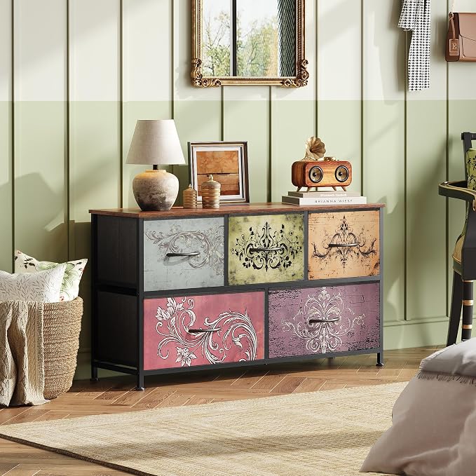 WLIVE Dresser for Bedroom with 5 Drawers, Wide Chest of Drawers, Fabric Dresser, Storage Organizer Unit with Fabric Bins for Closet, Living Room, Hallway, Pattern