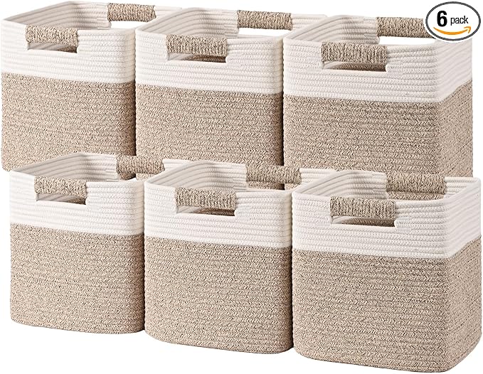 11 Inch Storage Cubes, 6 Pack Cube Storage Bins for Organizing, Cotton Rope Woven Baskets for Shelves, Bathroom, Kids Room, Closets, Baby Nursery
