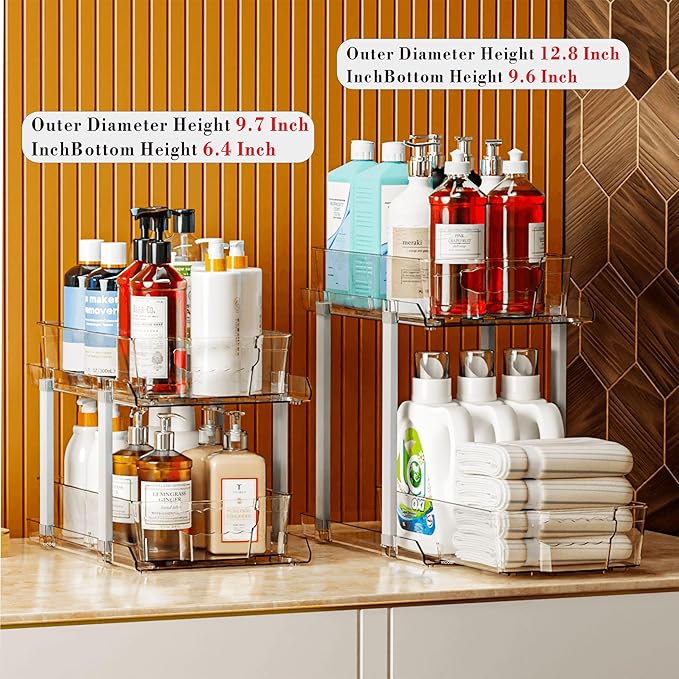 SuoXing 2 Pack 2 Tier Under Cabinet Bathroom Storage,Large 12.4″ Deep Under Sink Organization With Dividers,Clear Pull Out Organizers for Kitchen,Undersink Storage for Hair Products,Towel and Makeup