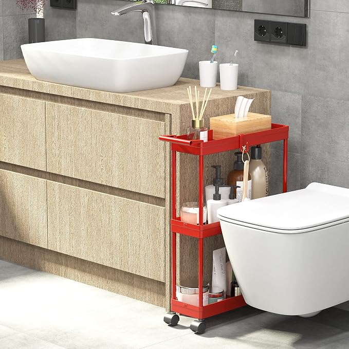 Simple Houseware 3-Tier Slim Rolling Cart w/Handle 5.5" Wx27.5 H, Red | Storage Cart for Narrow Space (5.5-Inch Wide) Kitchen, Bathroom, Laundry Room