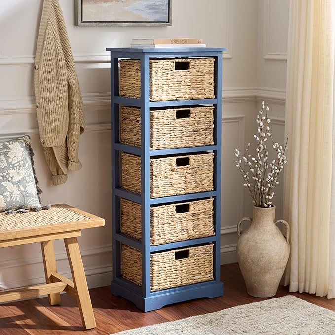 SAFAVIEH Home Collection – Vedette Blue 5-Basket Storage Tower, Natural Rattan Accent Design, Fully Assembled (AMH5739H)