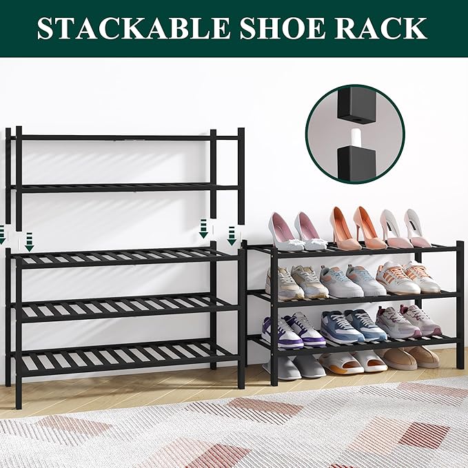 Smiry Bamboo Shoe Rack for Closet, 2 Tier Wooden Shoe Organizer, Stackable Wood Shoe Storage Shelf for Entryway, 14 Vertical Slats, One-piece Heavy-Duty Legs, 26.77"x11.02"x12.99", Black