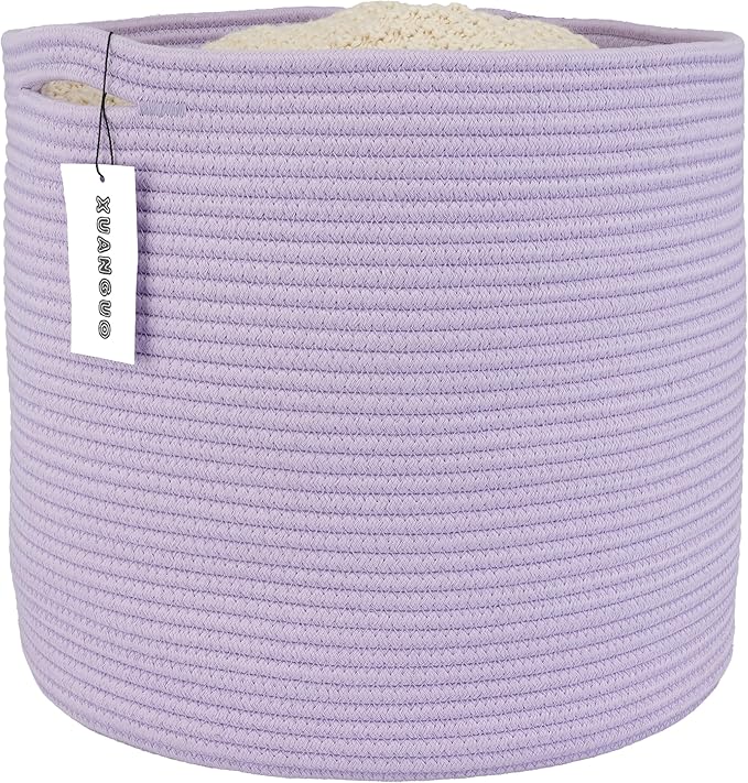 XUANGUO Cotton Rope Woven Basket, 16x14 in Kids Laundry Basket, purple | Round blanket basket and small laundry basket; baby hamper or nursery storage bin for girls, boys, toys, clothes and shoes