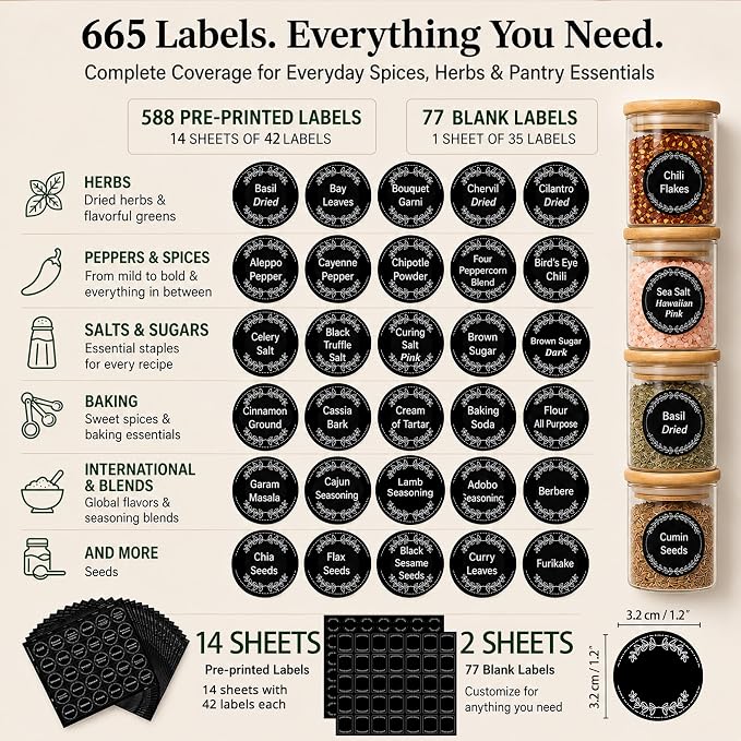 665 Spice Labels Book with A-Z Index, Black Round Pantry Stickers