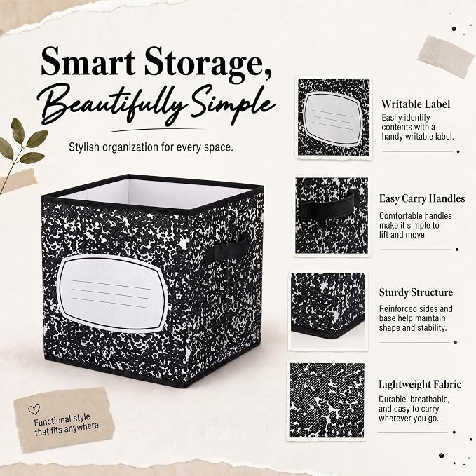 Yookeer 12 Pcs 11 Inch Composition Notebook Fabric Storage Cube Bin with Handle Zebra Print Foldable Classroom Container Cubby Basket for Back to School Decoration Office Home Nursery Organizer