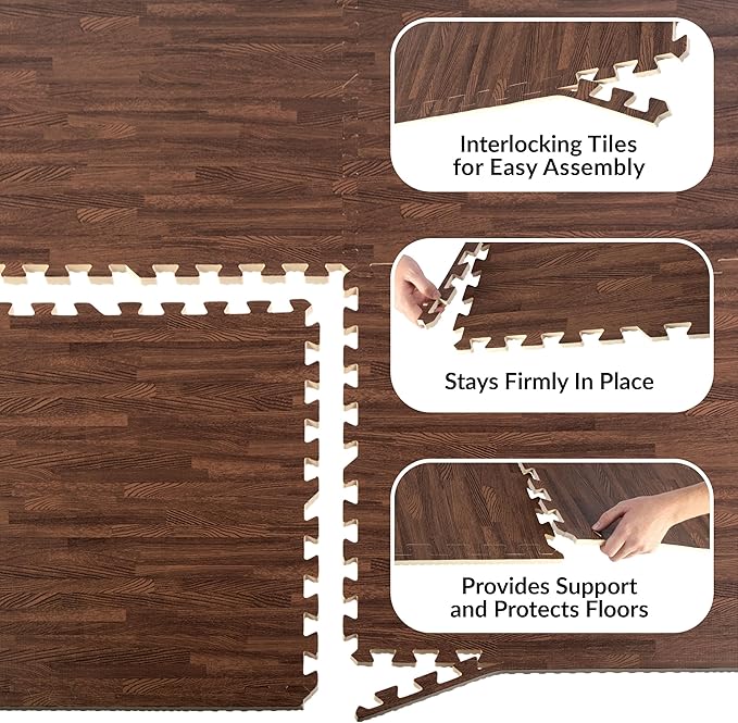 Foam Floor Tiles - 24sqft Wood Grain Interlocking Foam Tiles with Border - Soft Play Mat Playroom or Gym Flooring for Home Gym by Stalwart (Dark)
