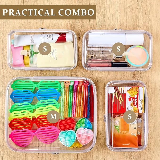 4 pcs Clear Zipper Pouches,Hard Shell Zipper Case, Toiletry Bag for Travel | CLear Diaper Bag, Toiletry Pouch, Travel Organizer, Cosmetic Bag,Toy Storage Bins (M+3S) (Gray)