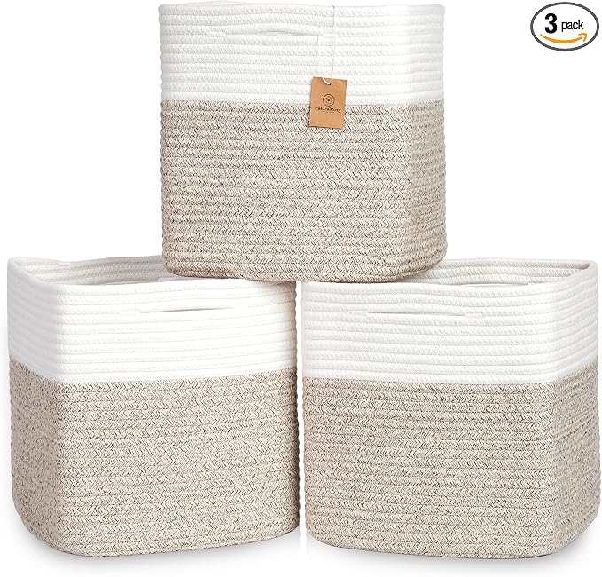 NaturalCozy 13 Inch Cube Storage Bins Cotton Rope Woven Baskets for Organizing 3-Pack | 13 x 13 Storage Cubes | Fabric Square Storage Baskets for Shelves Organizer, Kids Toy Bins, Closet Baby Nursery