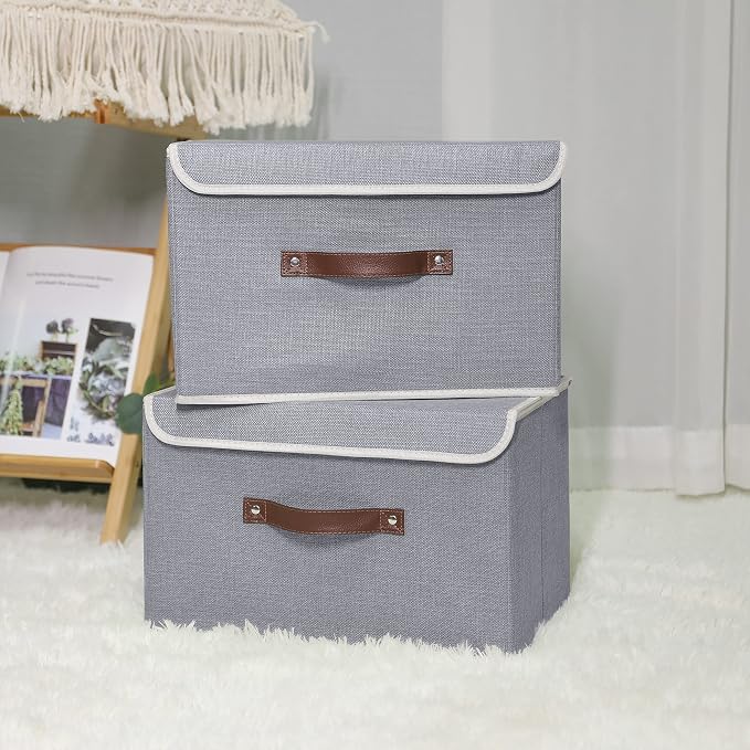 ANMINY 2PCS Storage Bin with Lid Storage Boxes with PU Leather Handles PP Plastic Board Decorative Foldable Lidded Cotton Linen Fabric Home Cubes Baskets Closet Organizer Container - Gray, Medium