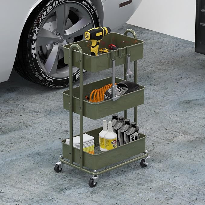 Simple Houseware 3-Tier Heavy Duty Metal Utility Rolling Cart, Army Green
