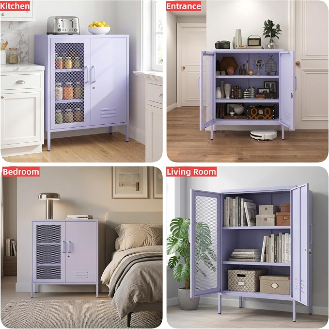 Purple Metal Storage Cabinet with Adjustable Shelf, Lockable 2 Door Sideboard, Multipurpose Widened Storage Locker for Kitchen Home Bedroom Living Room Office 33" H X 29.5" W X 13.8" D
