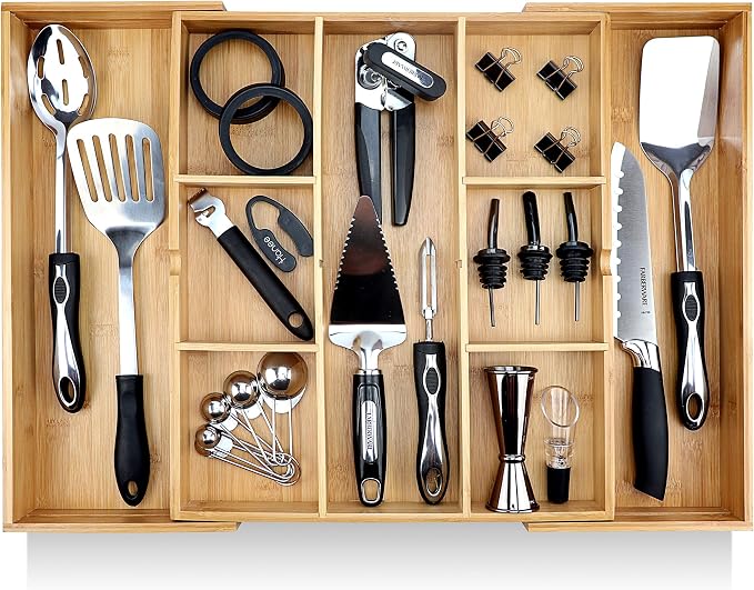 Pristine Bamboo Expandable Drawer Organizer, 10-Slot, Dark Brown | Extra Deep Non-Slip Kitchen Drawer Organizer, 17"x14.6" Expands to 25", Dark Wood Silverware Divider for Utensils
