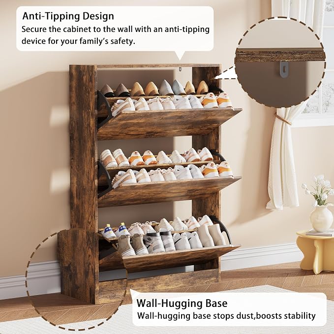 Shoe Storage Cabinet, Wood Shoe Organizer for Entryway with 3 Flip Drawers, Freestanding Shoe Rack with Adjustable Shelf, Narrow Shoe Dresser for Front Door Entrance (Brown, 3 Drawers)