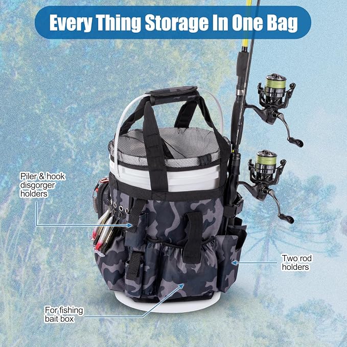 Fishing Bucket Organizer with Mesh Cover Fishing Tackle Bag | 600D Waterproof, Multi-Pockets, Adjustable Buckle, Fits 5 Gallon Bucket, Fishing Gear and Equipment