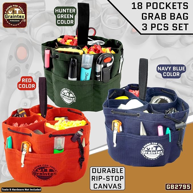 Graintex 18 Pocket Grab Bags Set of 3 Pcs Rip-Stop Canvas, Drawstring Closure, Small Parts Organizer Bag, Small Tools, Screws, Parts, Parachute Tool Bag, Parachute Tool Organizer for Essential Items