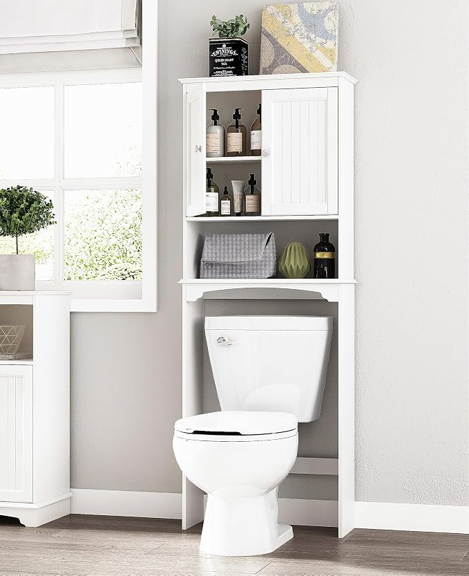 Spirich Over The Toilet Storage Cabinet with Doors, Bathroom Organizer | White, Adjustable Shelf, Anti-Tip Fitting, FSC-Certified MDF, Beadboard Design, 33.3" Toilet Clearance, Adjustable Crossbar