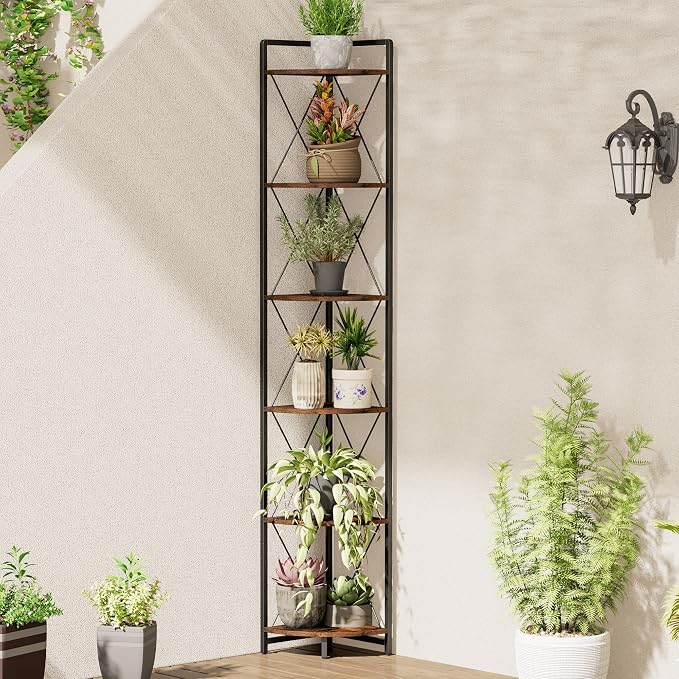 6 Tier Corner Shelf Stand, 78" H Tall Corner Bookshelf, Rustic Brown | Industrial Metal Corner Shelf for Living Room Decor, Plant Stand Display Shelf for Bedroom, Bathroom, Small Spaces