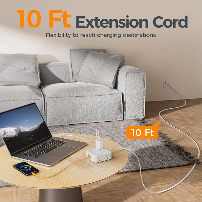 TESSAN Surge Protector Power Strip, 10 Ft Flat Plug Extension Cord with 3 USB (1 USB C) 8 Outlets, 900J Protection, 3 Sided Outlet Extender with Power Switch for Office, Dorm Room, White